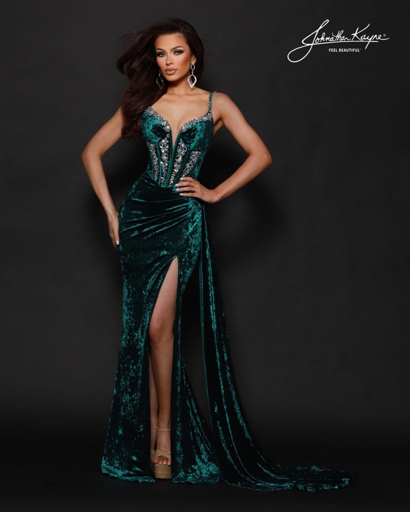 Johnathan Kayne Style 3213 emerald velvet pageant gown with beaded corset bodice, spaghetti straps, and high slit — perfect for pageant evening wear.